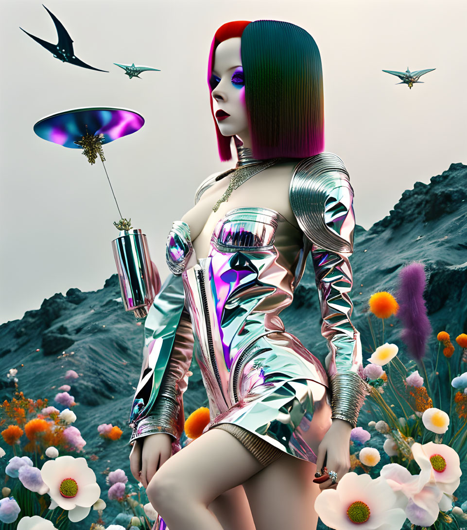 Sci-fi female figure in metallic attire with red skin surrounded by flowers, birds, and floating saucer