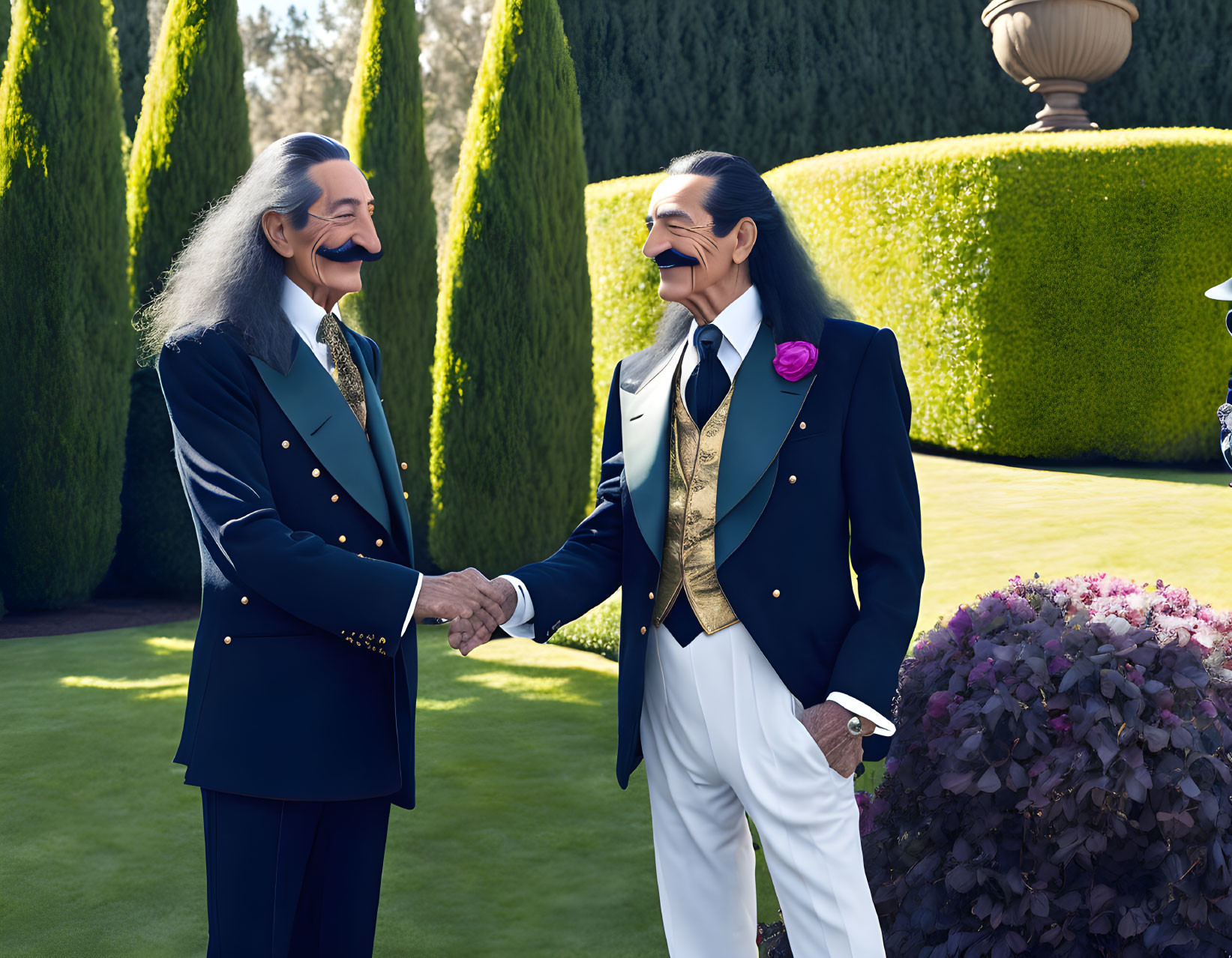 Exaggerated smiling men in elegant suits shaking hands in a formal garden.