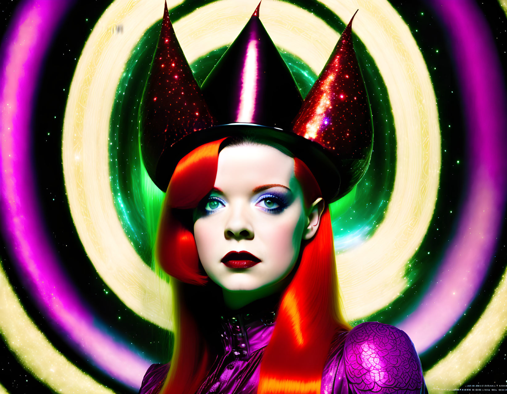 Vibrant Psychedelic Background with Woman in Red Hair & Party Hats