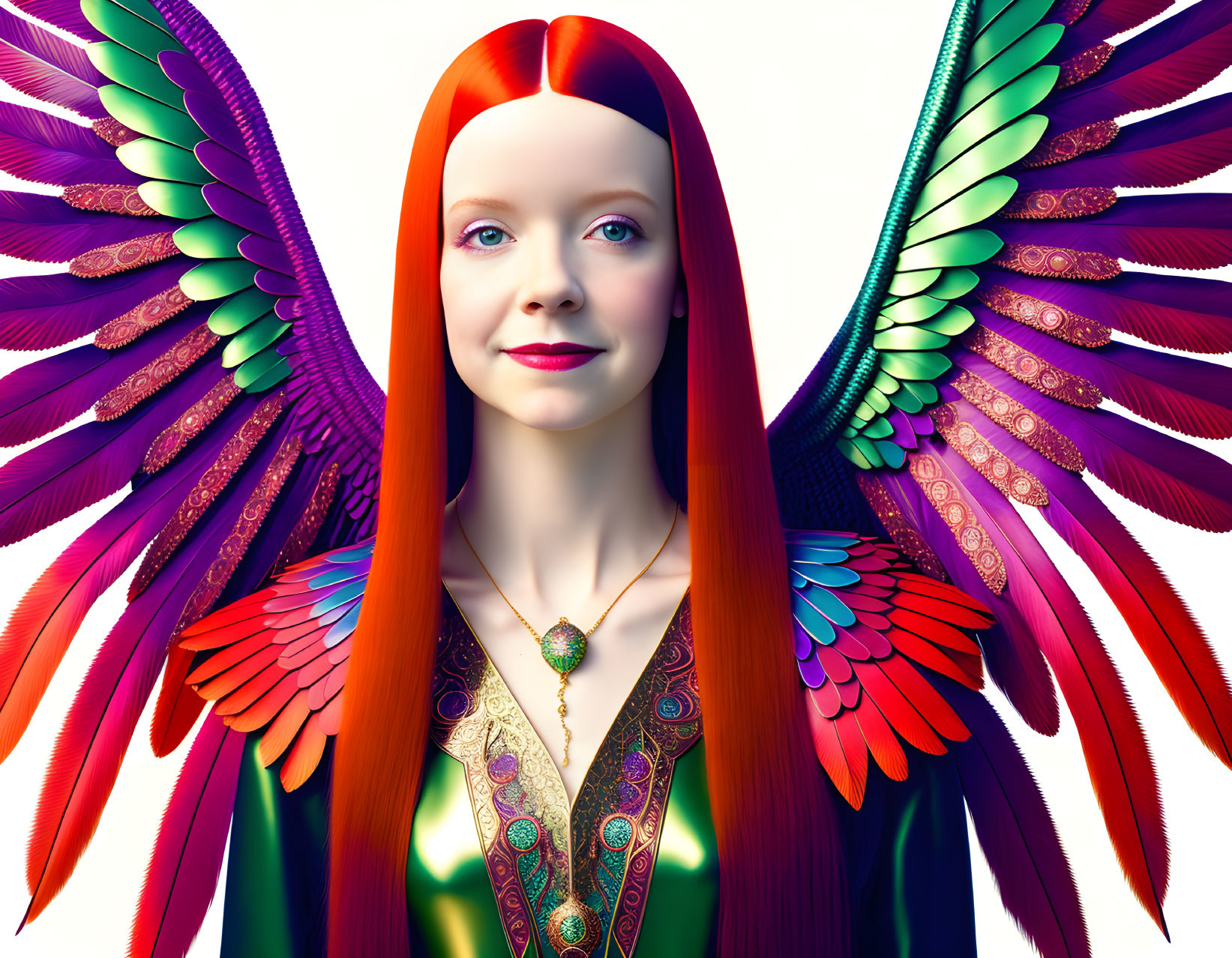 Vibrant digital artwork: Woman with red hair, multicolored angel wings, green & gold