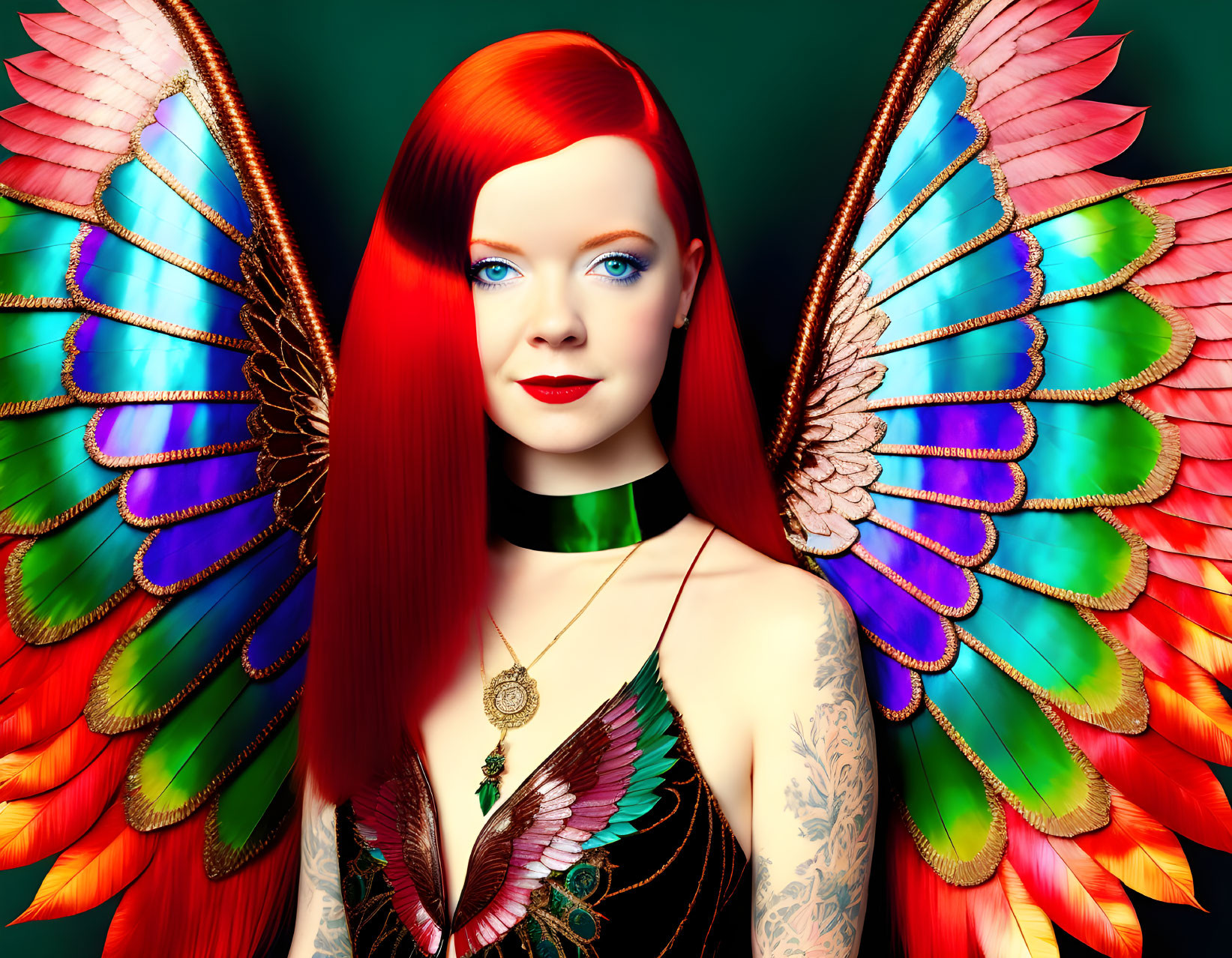 Red-haired woman with butterfly wings, necklace, and tattoos on green background