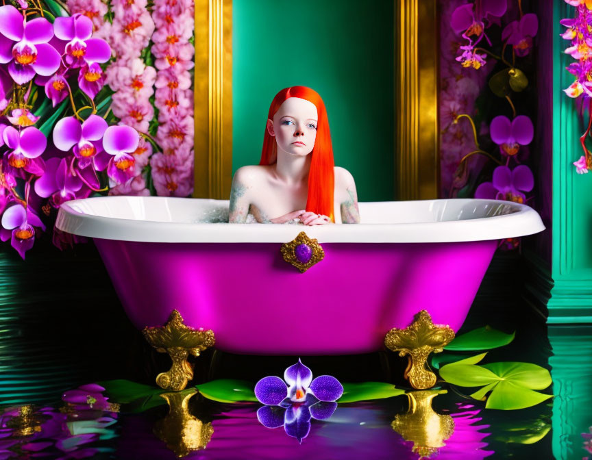 Red-Haired Woman in Pink Bathtub with Purple Flowers and Green Water