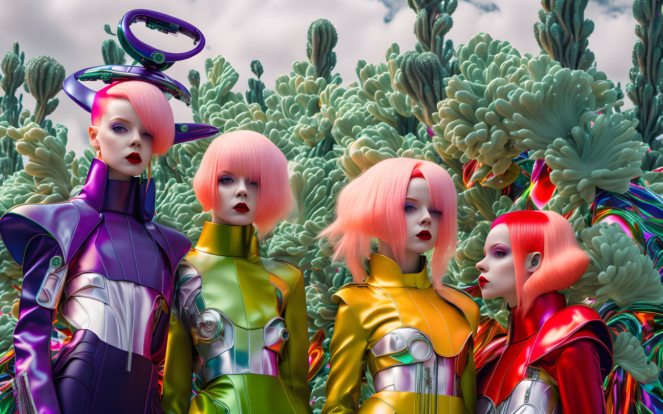 Four futuristic female figures in colorful metallic suits among surreal alien plants