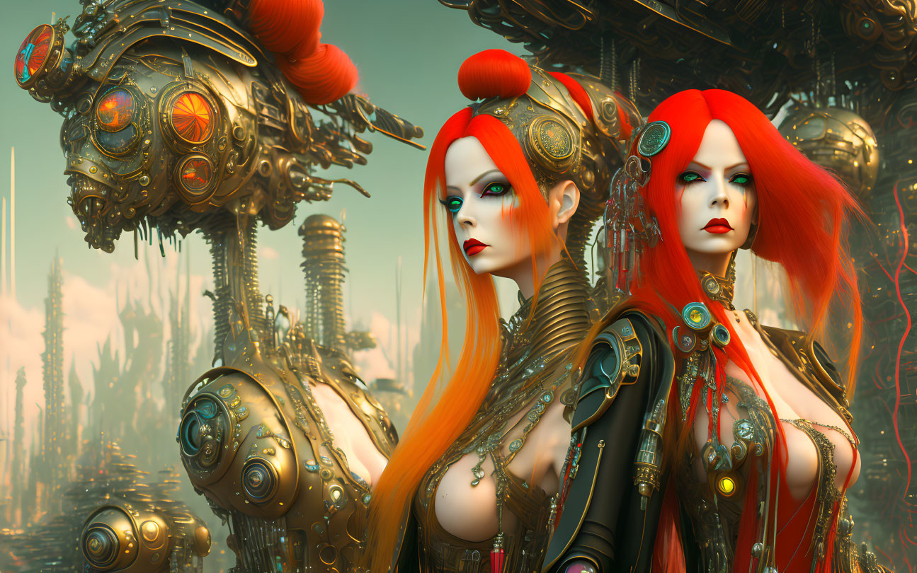 Futuristic women with red hair and cybernetic enhancements in advanced cityscape