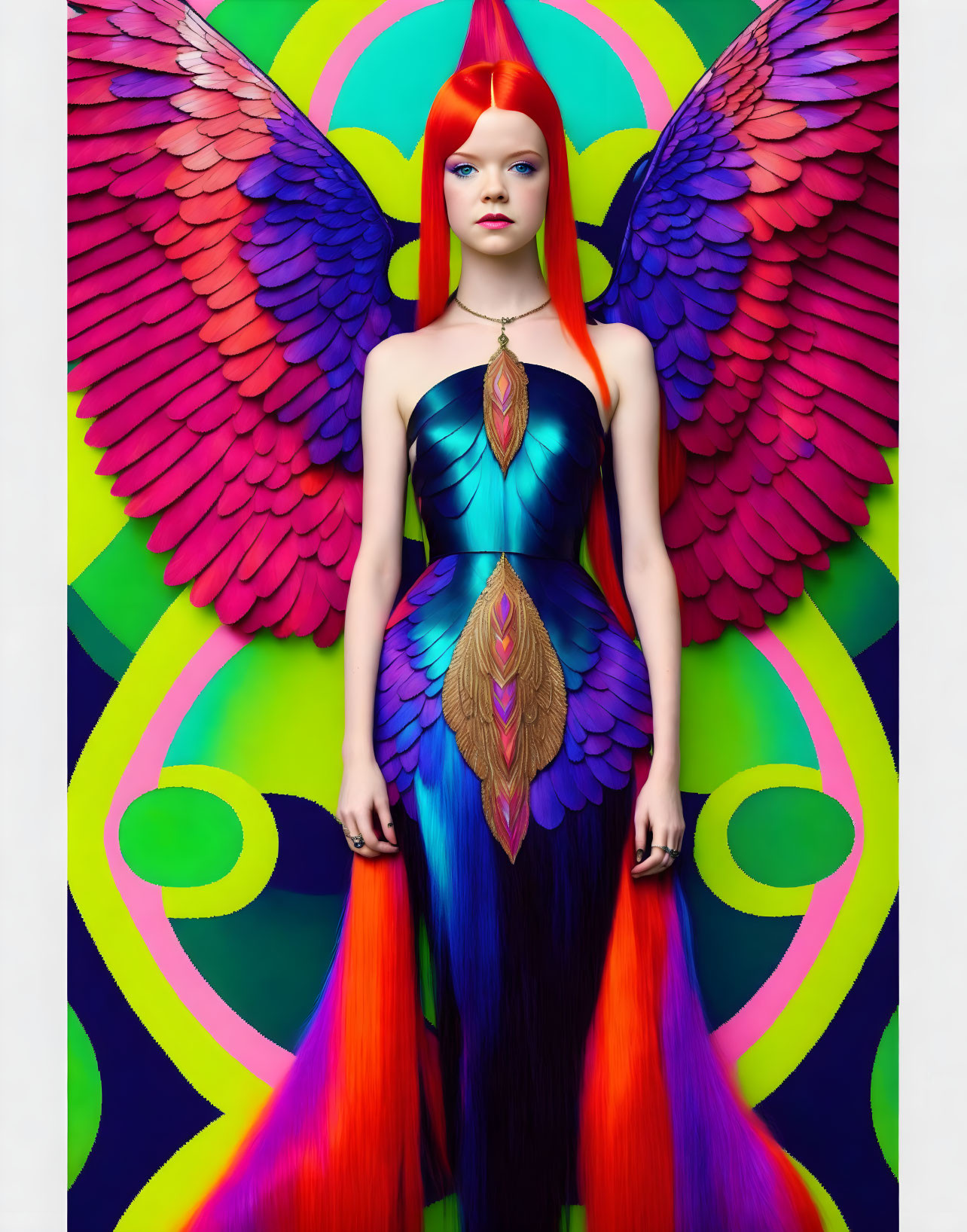 Colorful Woman with Rainbow Wings and Hair in Feathered Dress