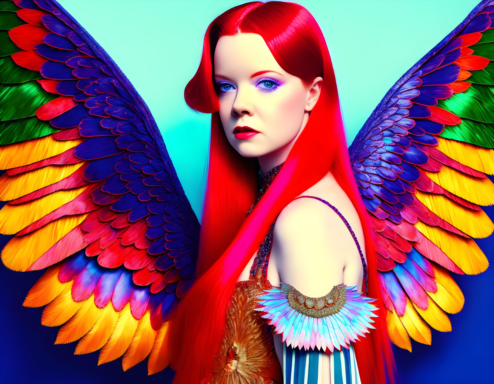 Vibrant red-haired woman with colorful wings on blue background