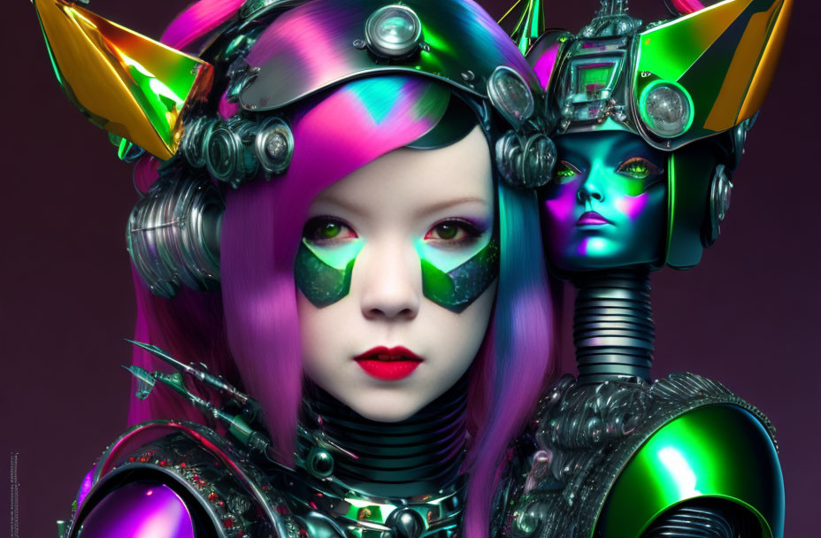 Vibrant colored hair and metallic armor on two female figures