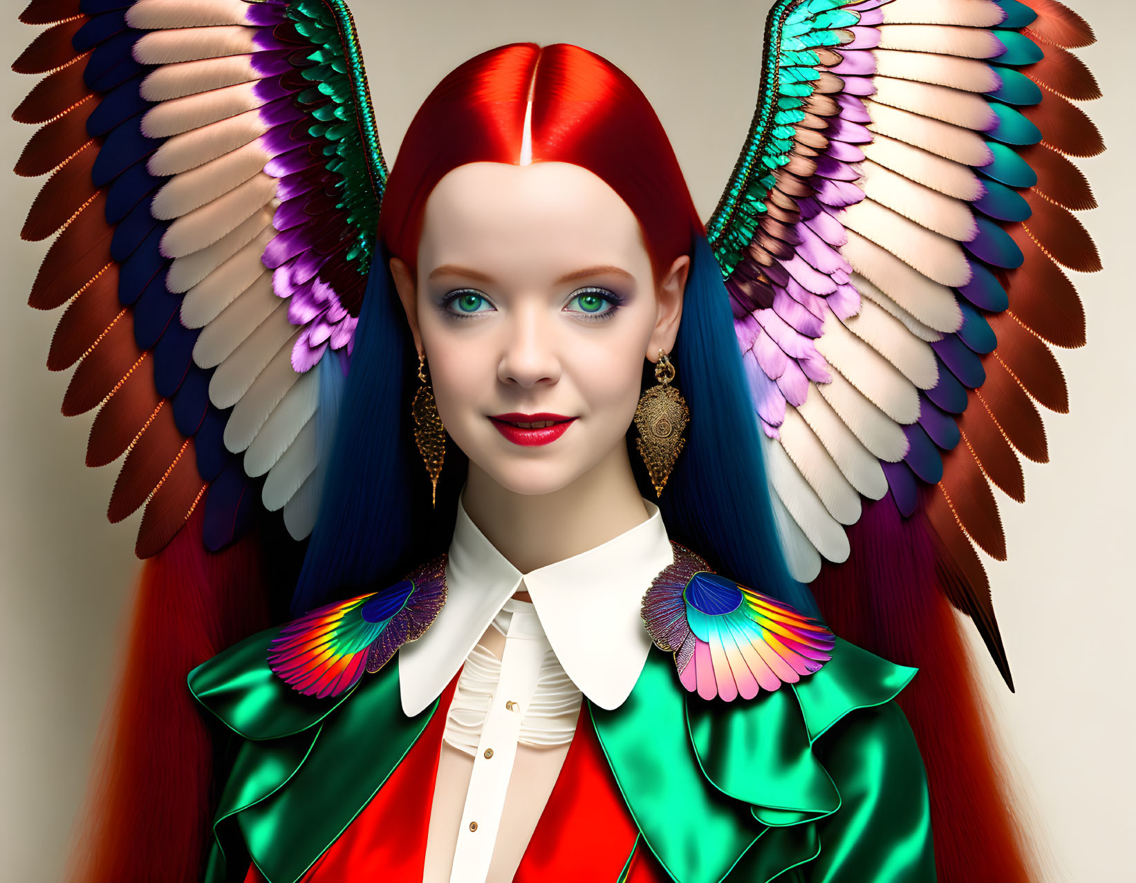 Digital artwork: Girl with red hair, multicolored wings, white shirt, green jacket, neutral