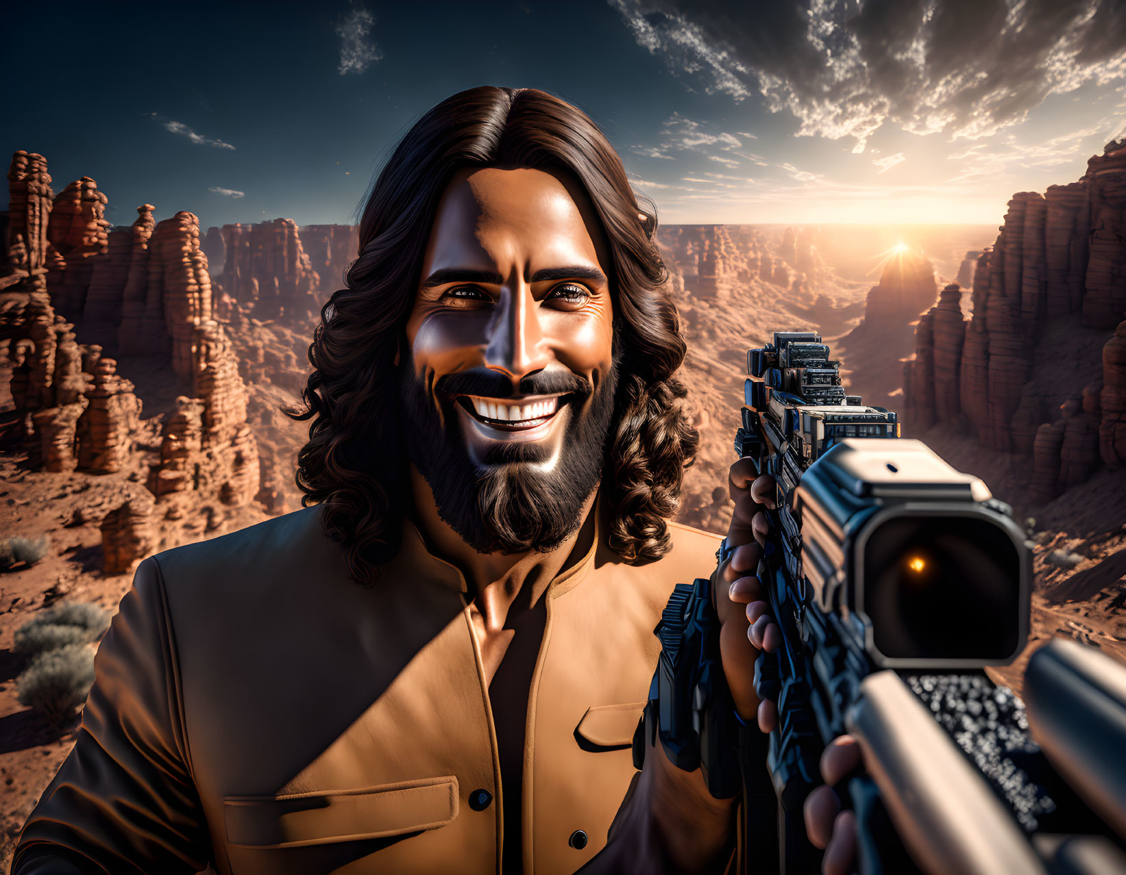 Smiling man with long hair holding futuristic weapon in desert canyon