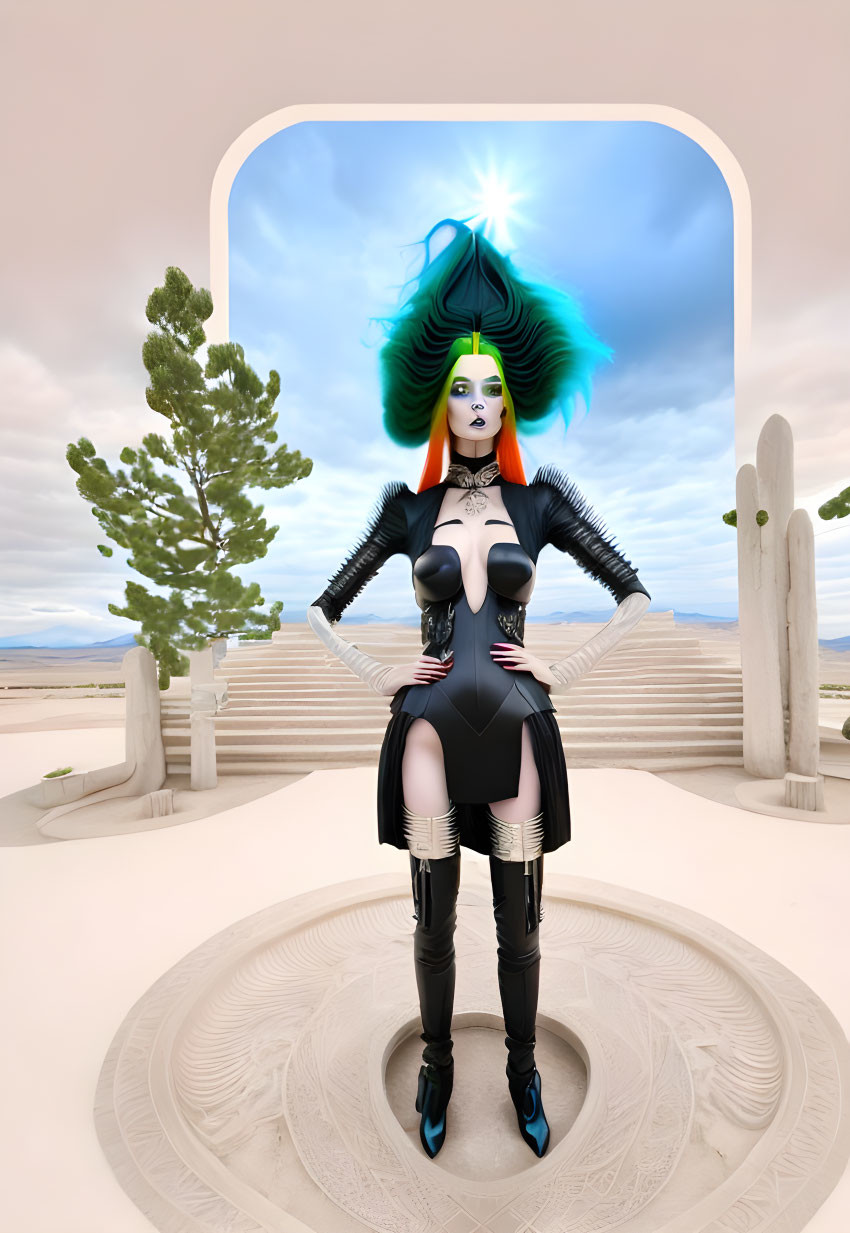 Stylized digital artwork of woman with green hair in avant-garde outfit posing in surreal desert with