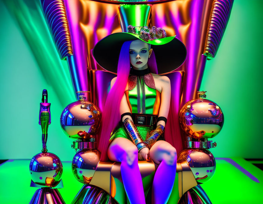 Futuristic purple-haired woman in neon-lit room with spherical objects