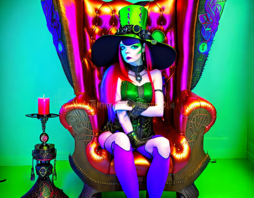 Person in Vibrant Gothic Attire on Ornate Throne with Green Hat