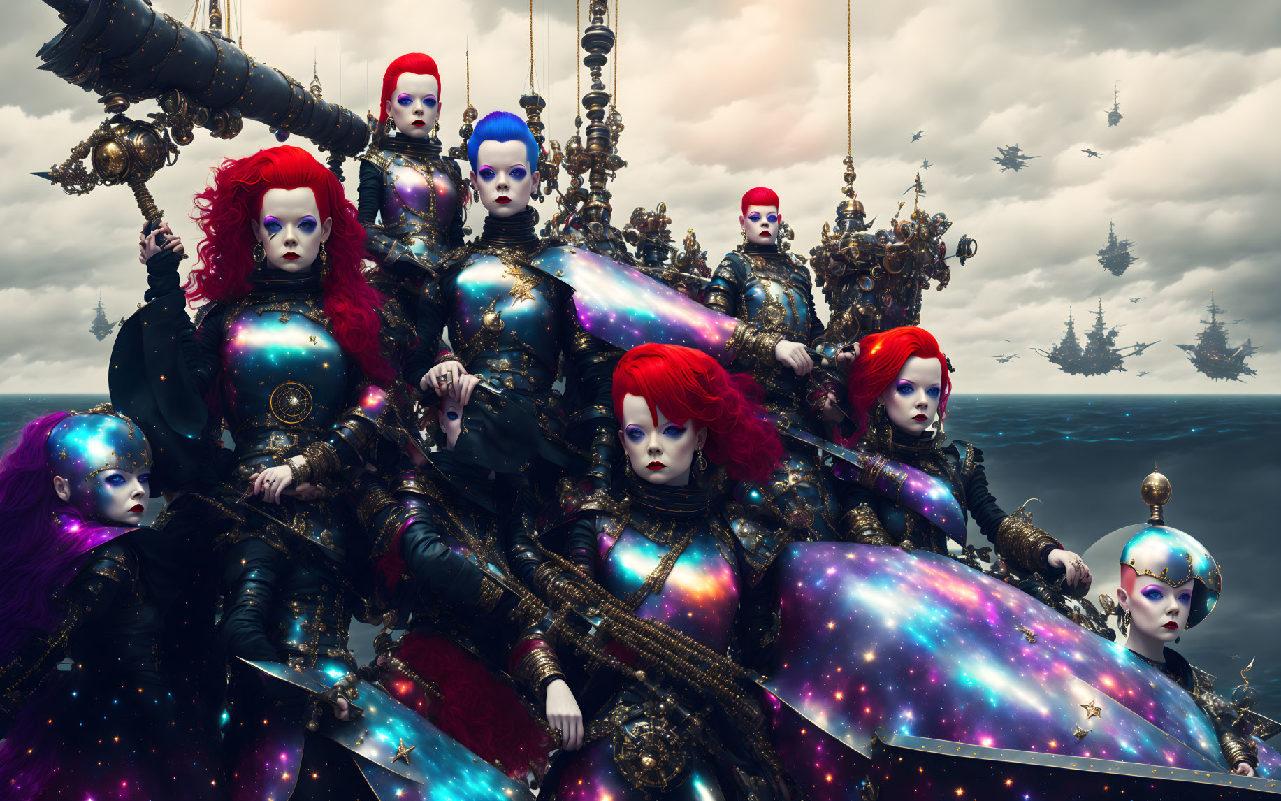 Cosmic-patterned beings with elaborate hairstyles in surreal setting