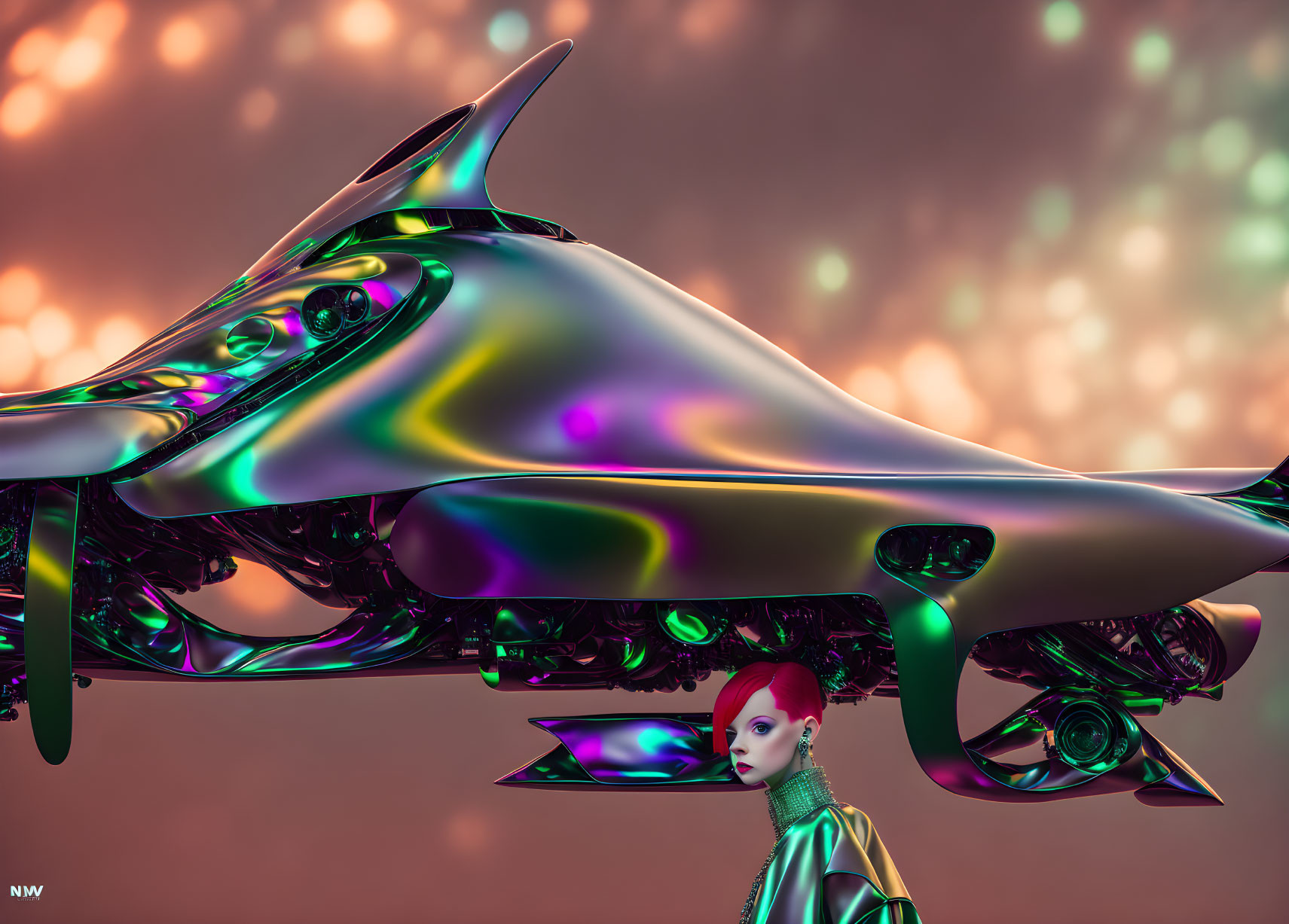 Futuristic chrome vehicle and red-haired model in metallic outfit