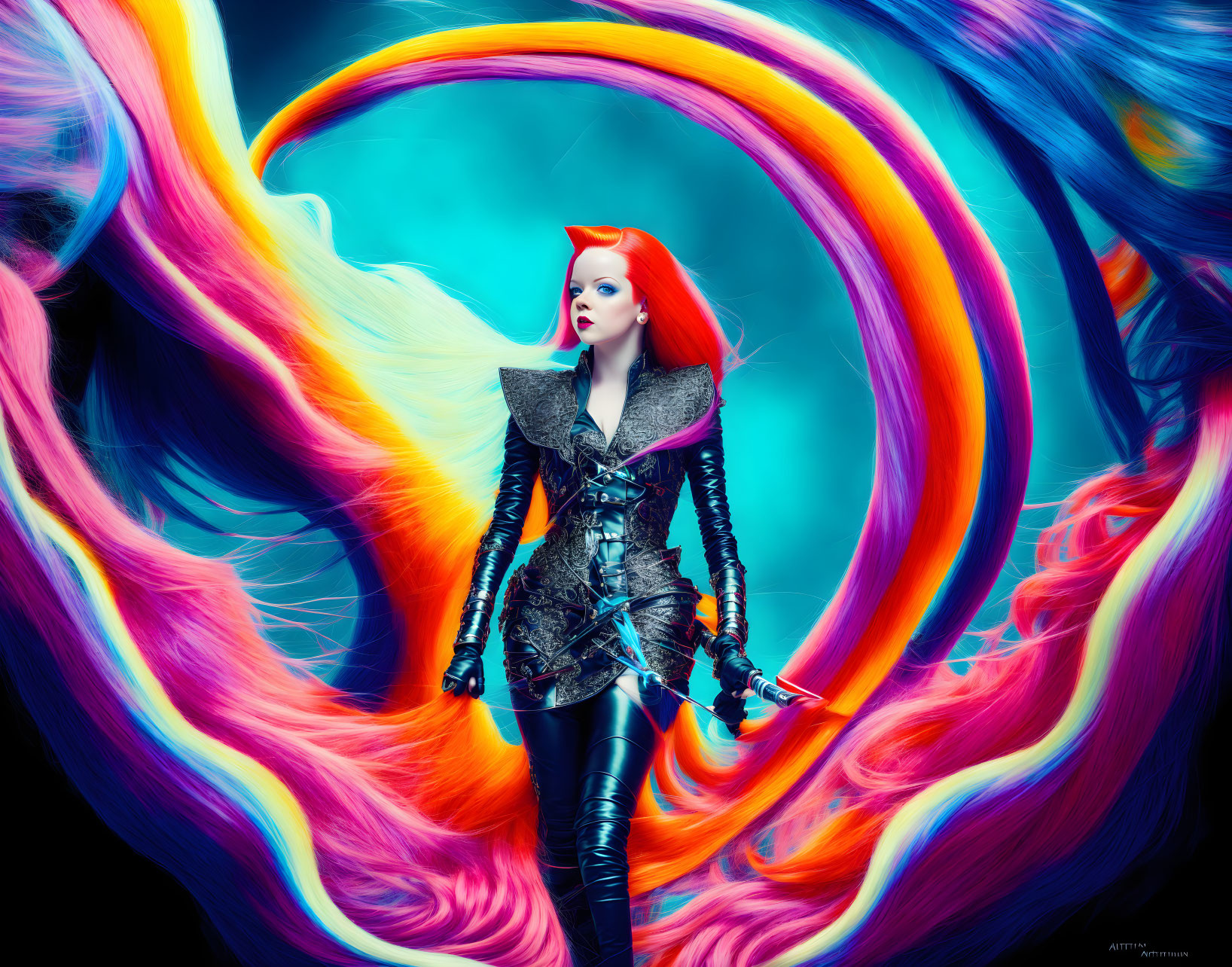 Red-haired woman in gothic attire against vibrant neon backdrop