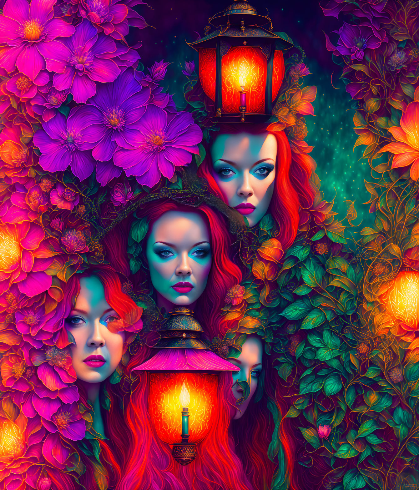 Digital artwork: Four female faces in neon floral backdrop