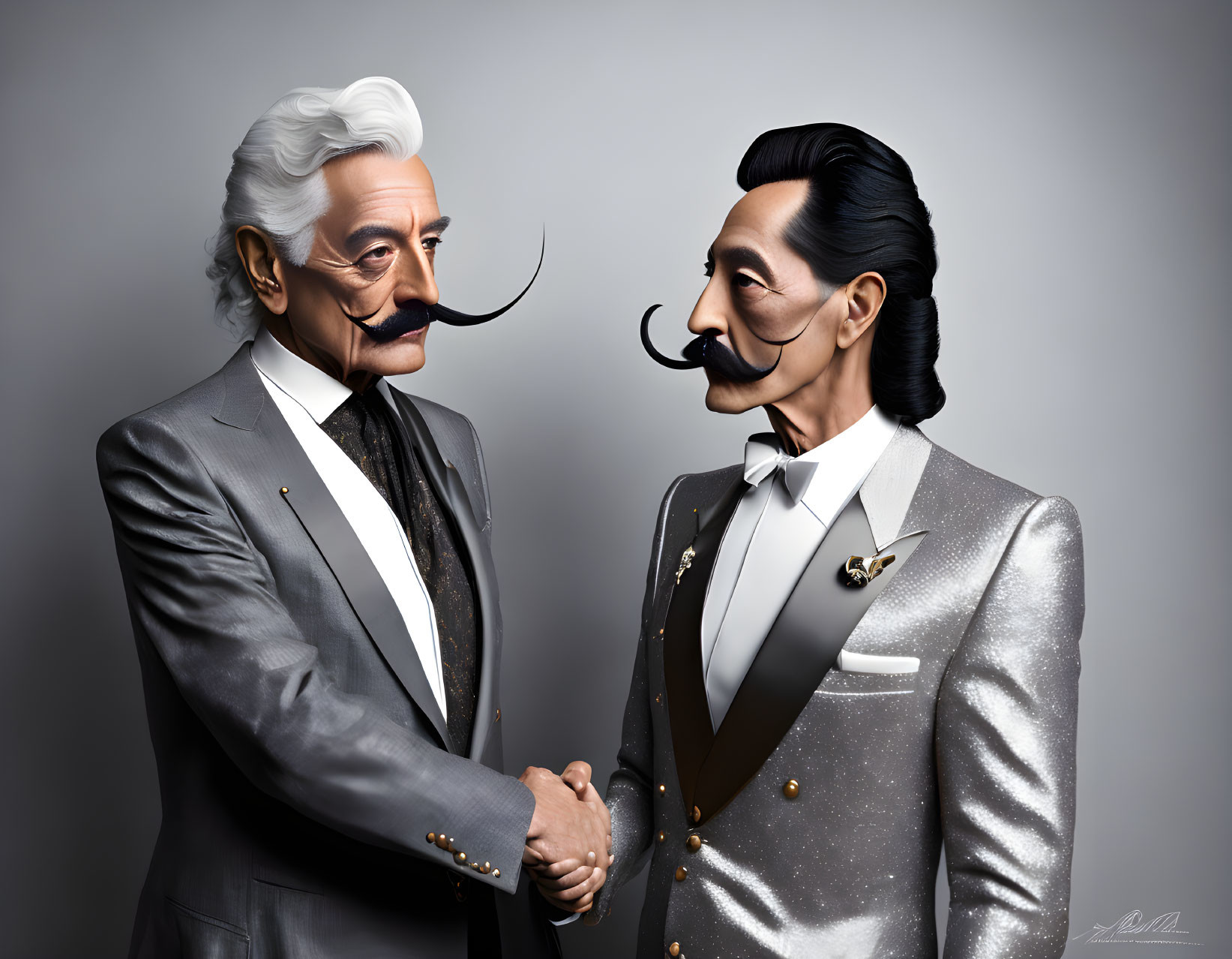 Stylized realistic 3D male characters shaking hands in formal attire