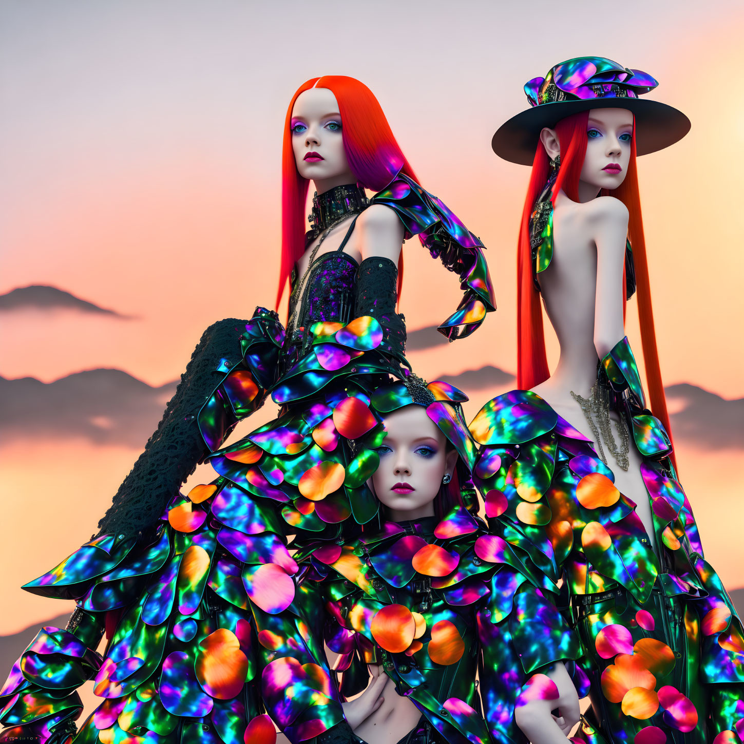 Mannequins with Red Hair in Flamboyant Dresses on Twilight Sky Backdrop