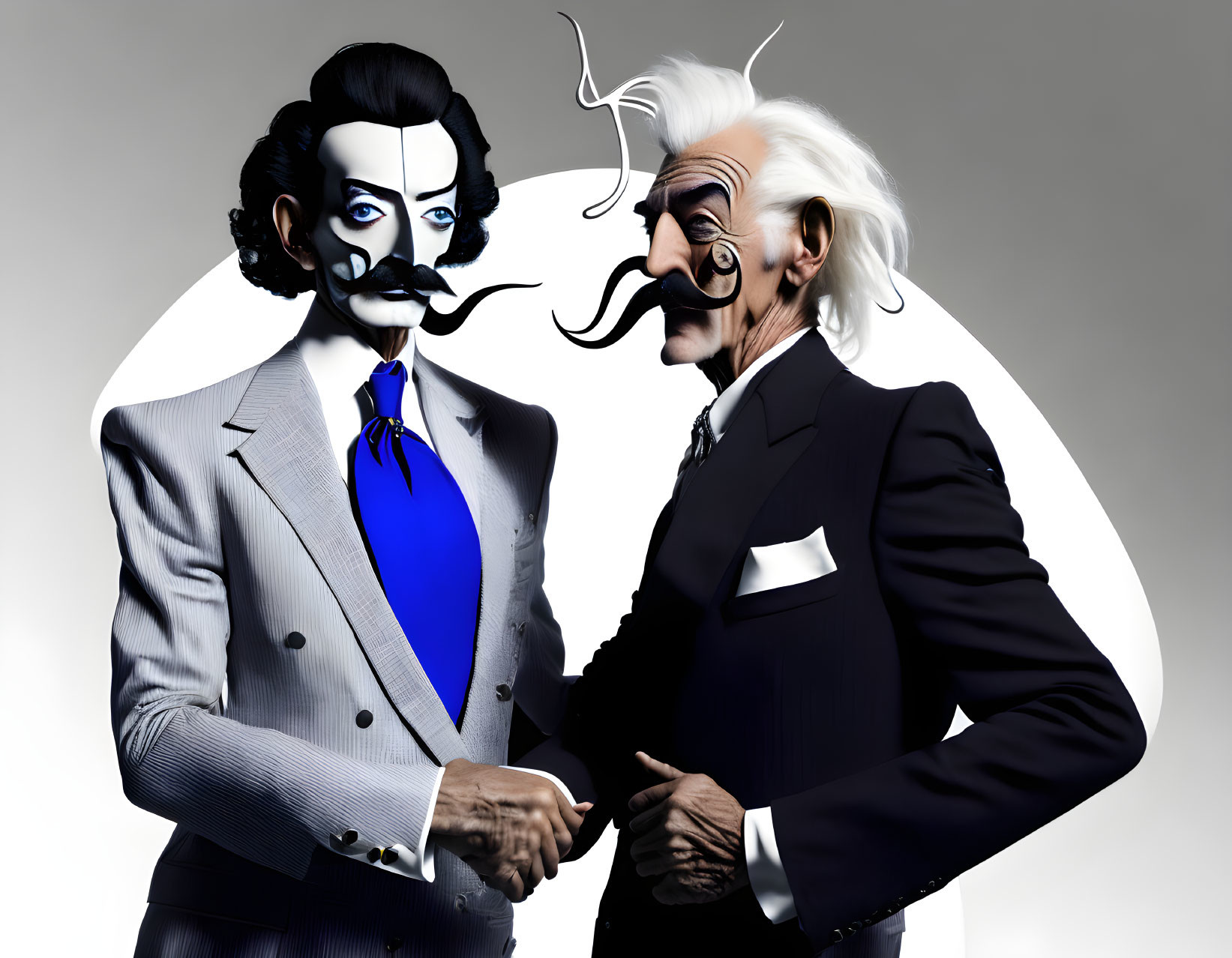 Stylized male characters with artistic mustaches in suits face off