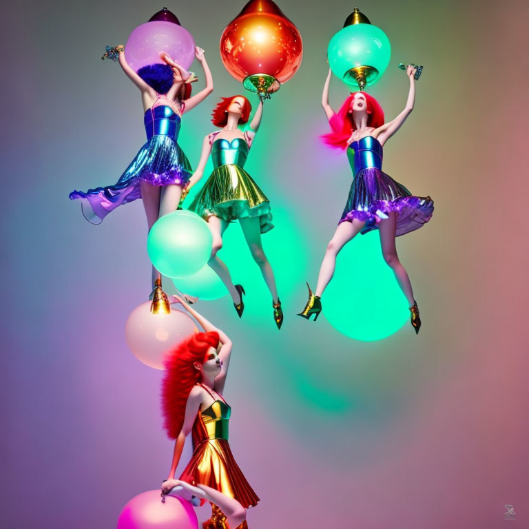 Four women with colorful balloons in whimsical fashion shoot wearing vibrant dresses and high heels