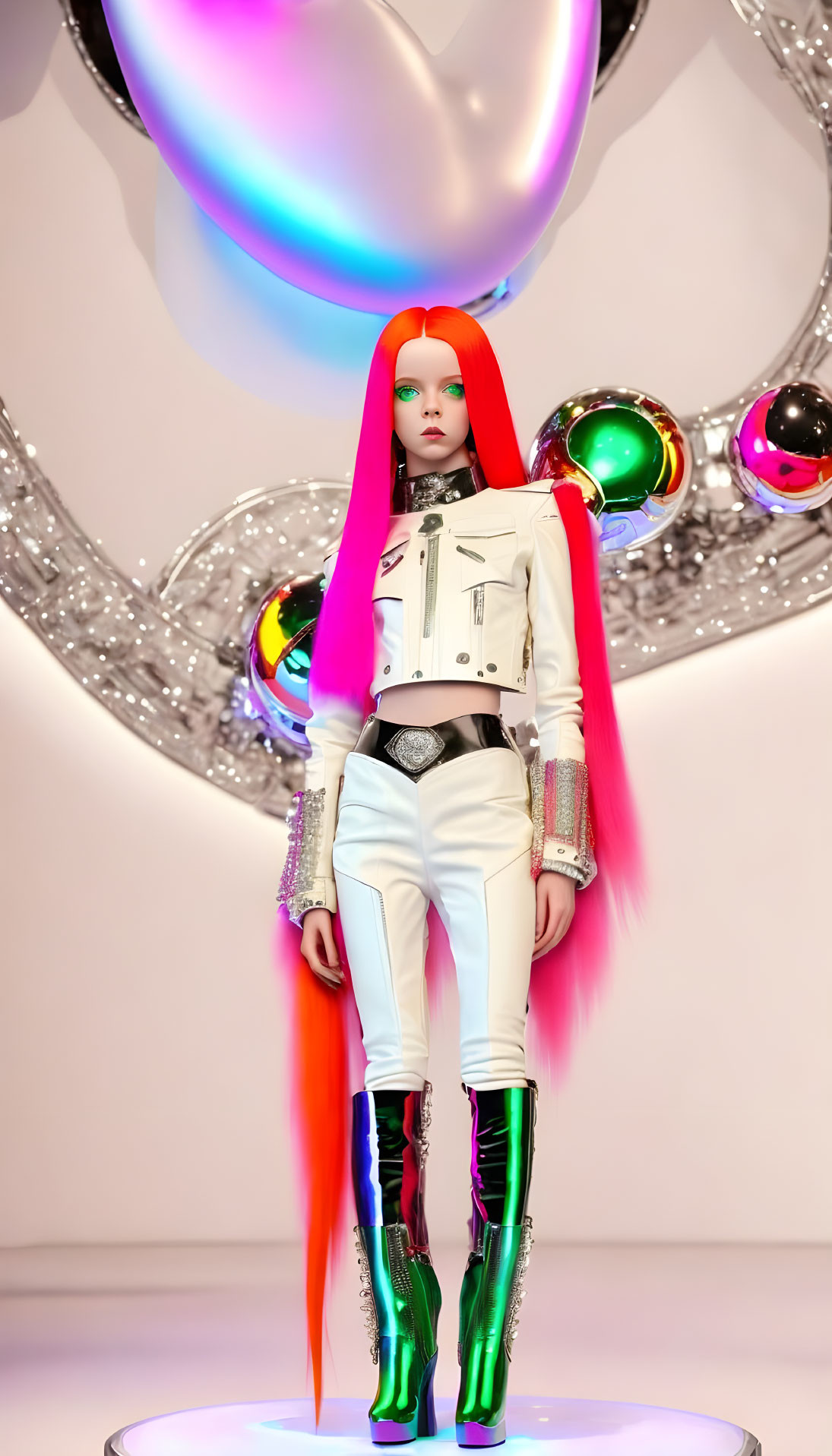 Mannequin with red hair in white outfit and metallic boots on whimsical background