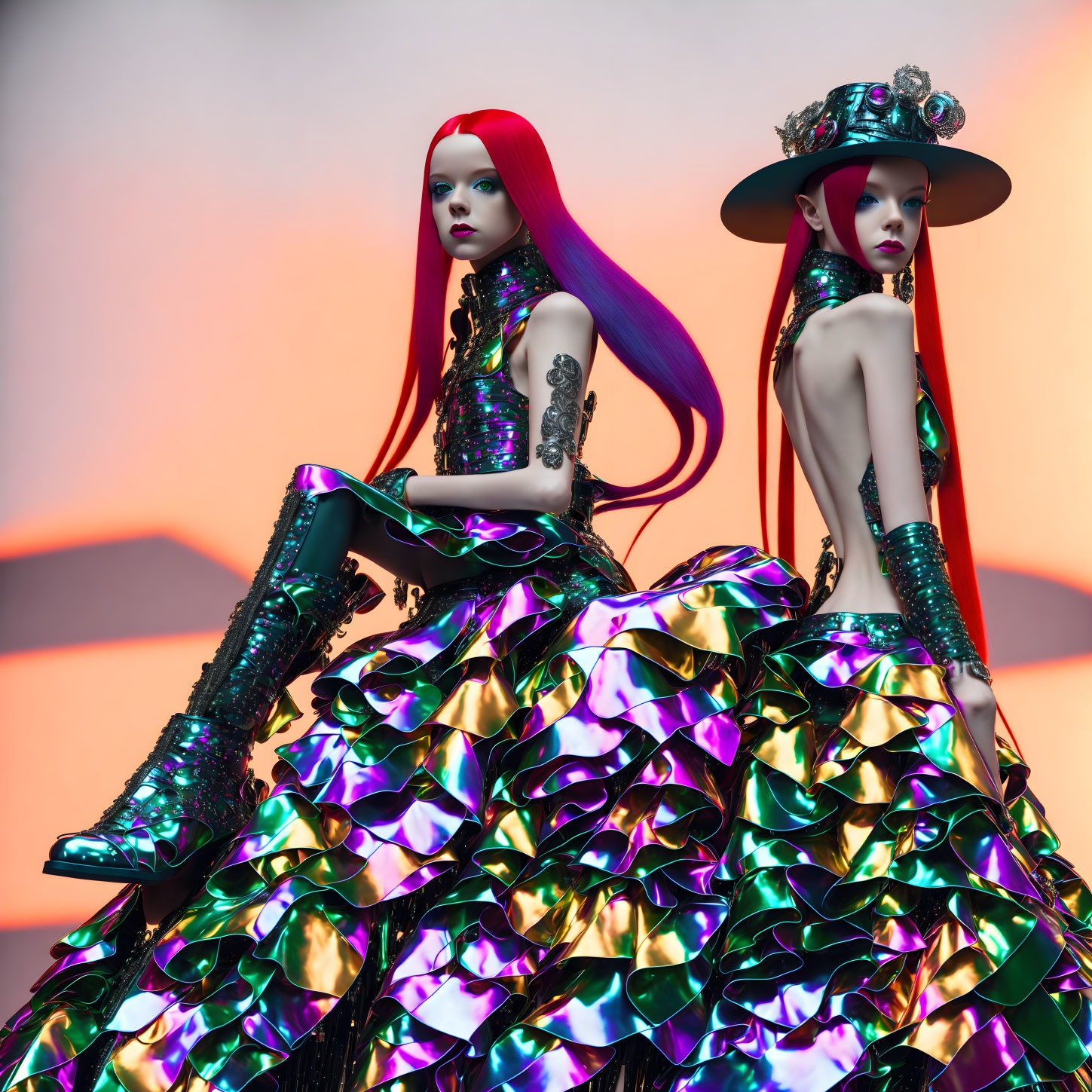 Avant-garde fashion models in colorful attire on orange gradient backdrop