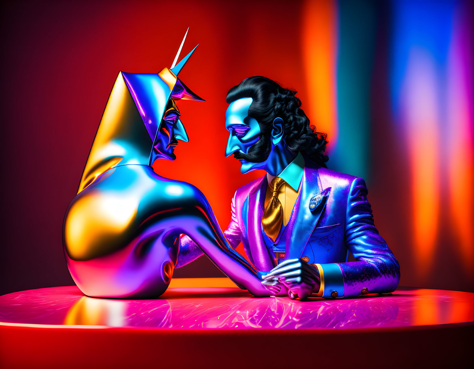 Vibrantly colored stylized figures at a table under neon lights