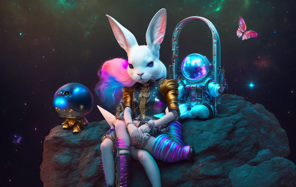 Anthropomorphic white rabbit in regal attire with sword and helmet in surreal space setting.