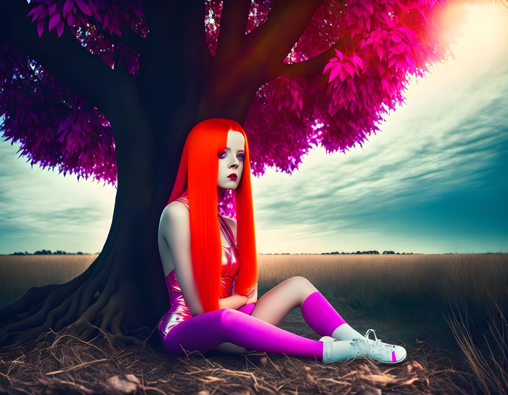 Red-haired woman under tree with pink leaves in golden field