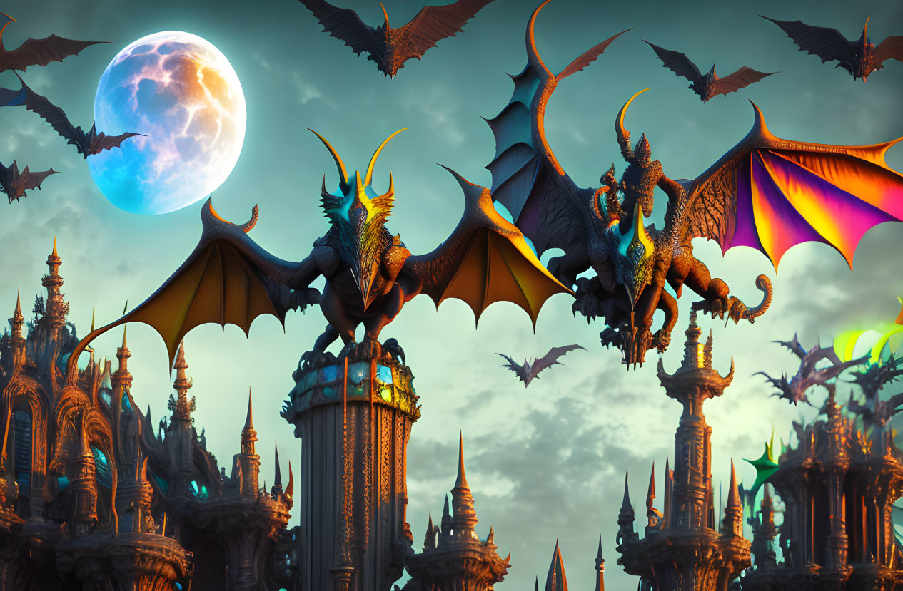 Dragons flying under full moon near Gothic spire-topped towers