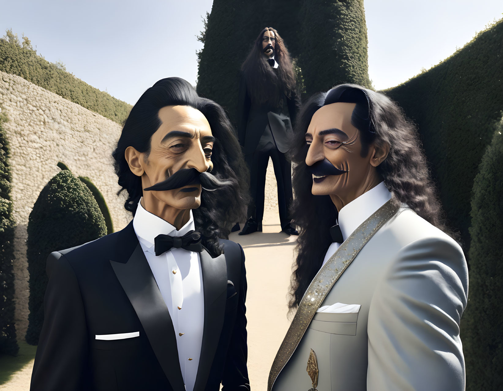 Formal Attired Lookalikes in Hedge Maze with Dalí-Like Figure