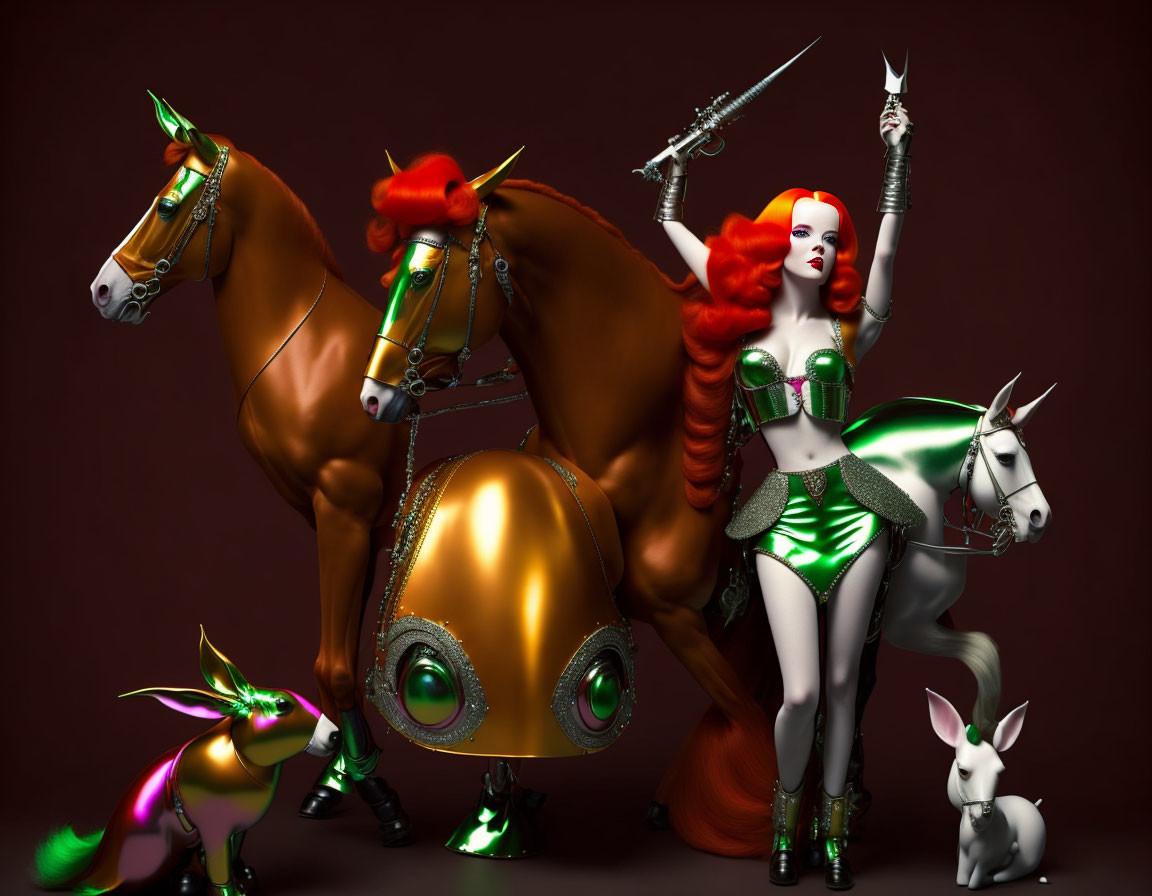 Fantasy-themed artwork with red-haired woman, armor, swords, mechanical bull, horses, and fantast