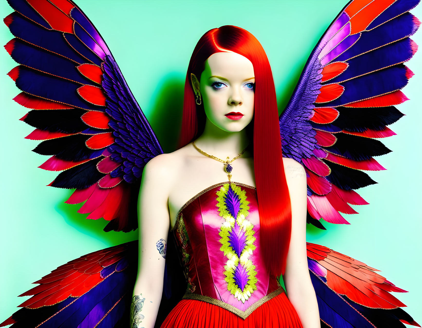 Vibrant woman with red hair and multicolored butterfly wings on green background