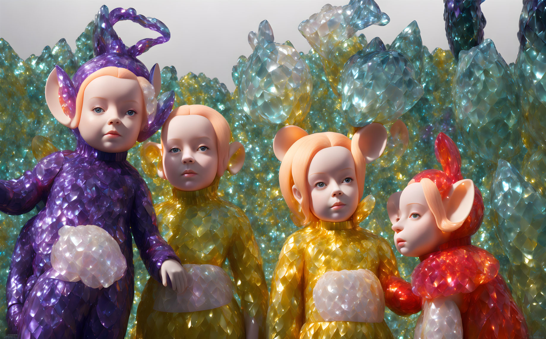 Colorful humanoid figures in textured costumes on crystalline background