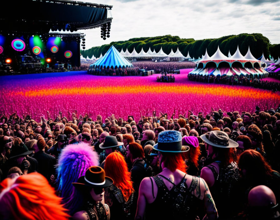 Colorful Stage Lighting Illuminates Vibrant Outdoor Concert Crowd