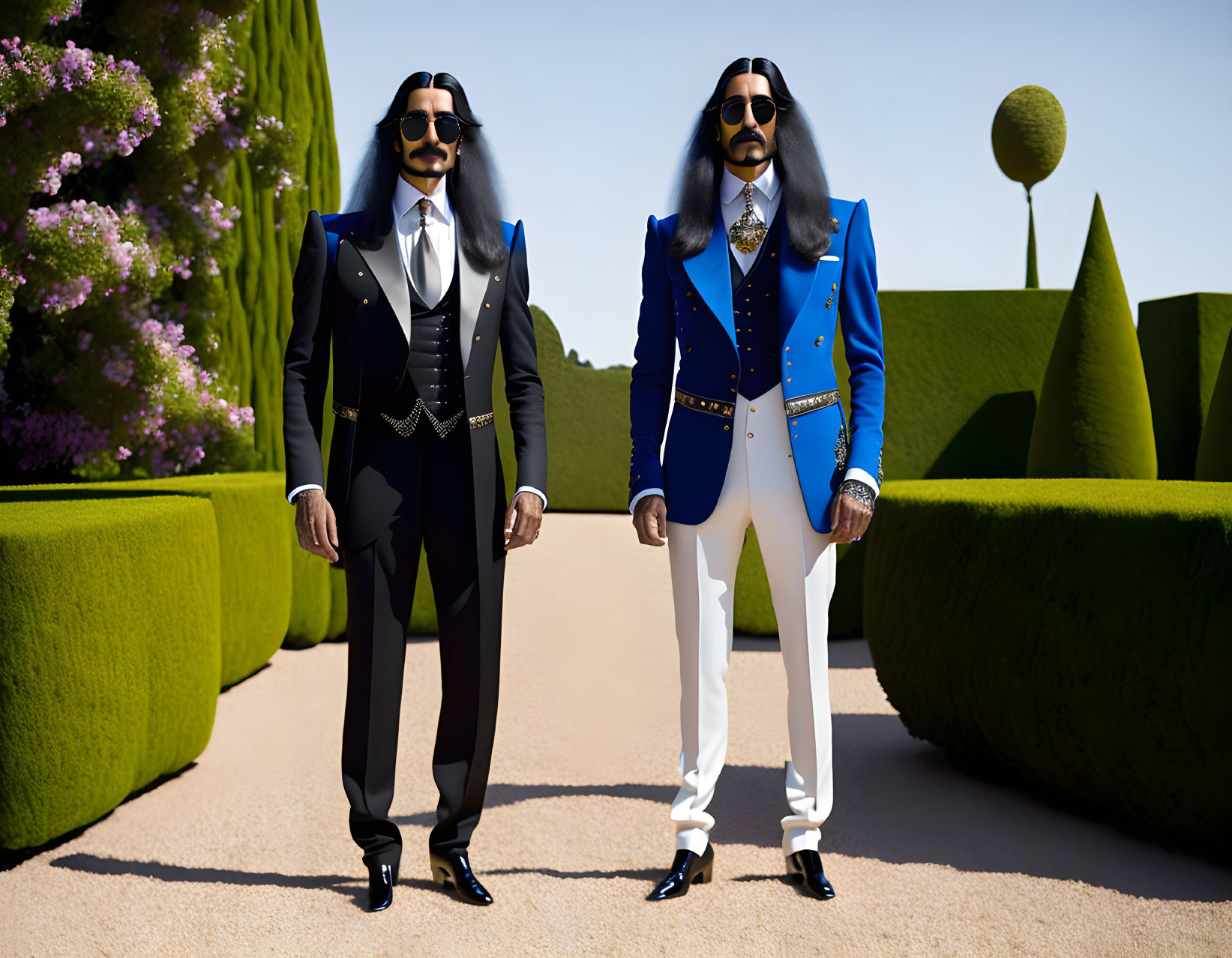 Two men in formal attire on garden path with manicured hedges.