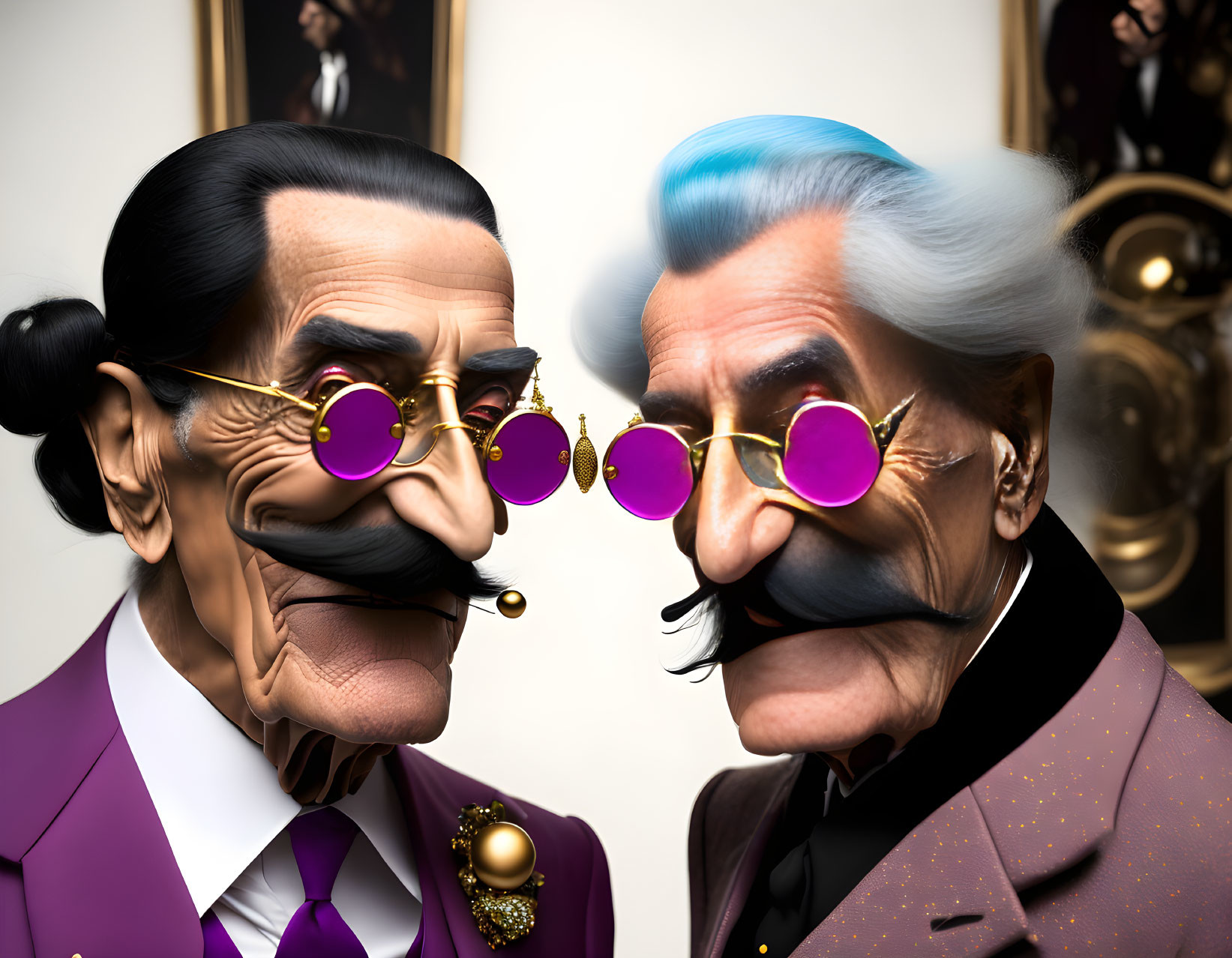 Stylized 3D figures in Salvador Dalí style, purple and brown suits, with monoc