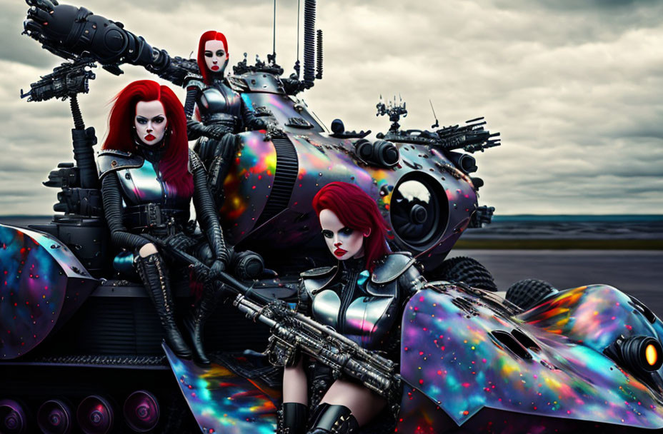 Futuristic female warriors in black armor with tank and drones on cloudy background