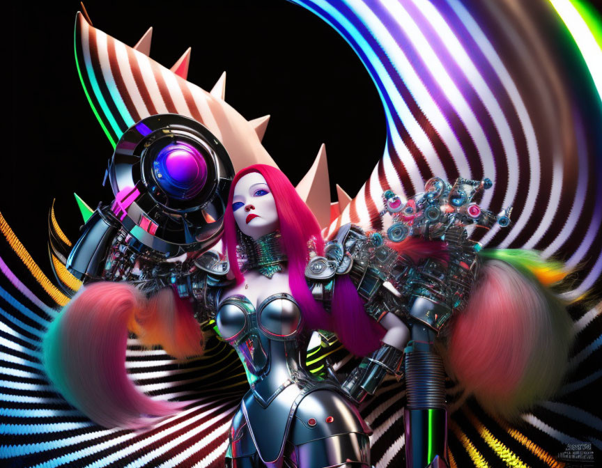 Futuristic digital artwork: Female cyborg with pink hair in neon lights