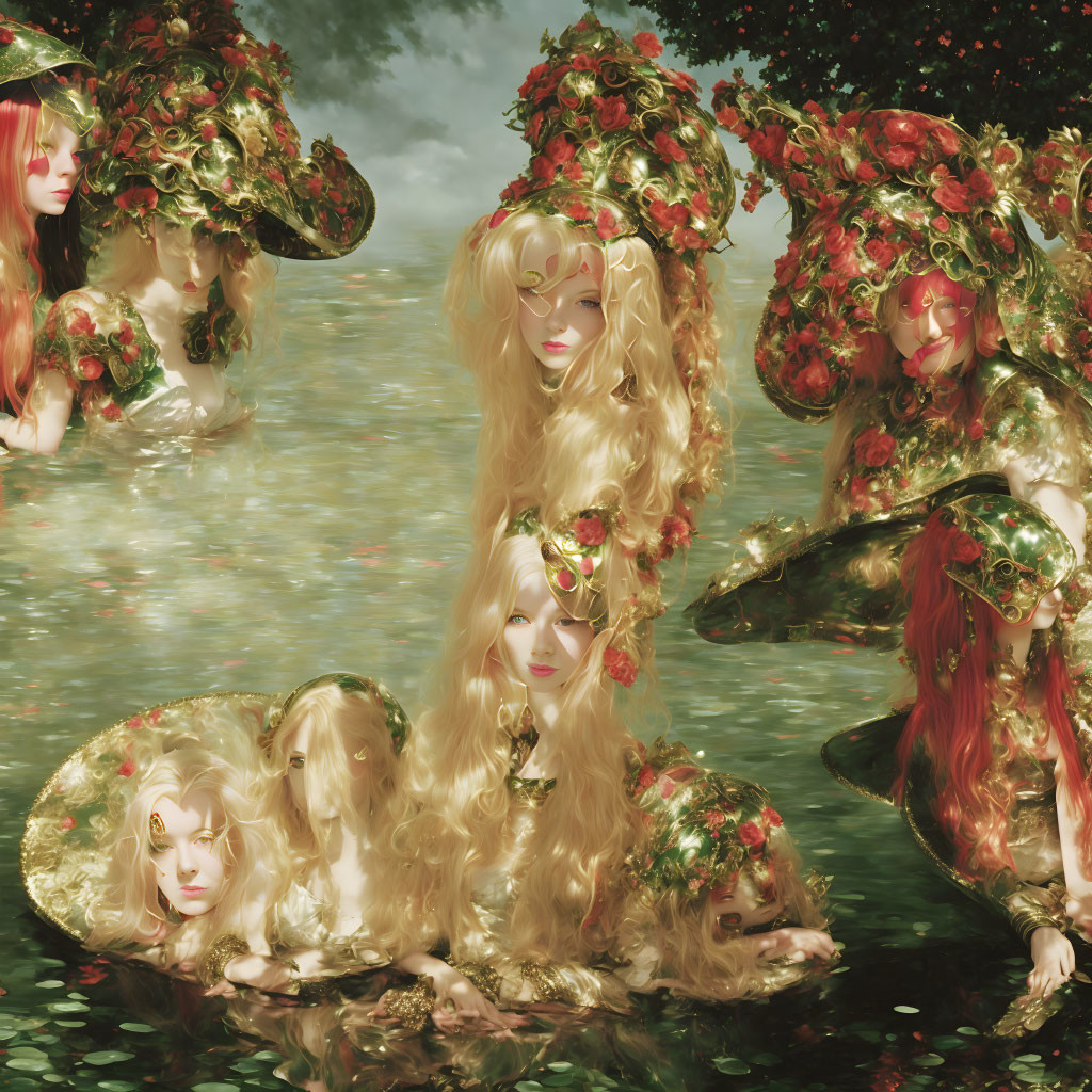 Surrealist image: Identical women with golden hair and ornate dresses against reflective water.