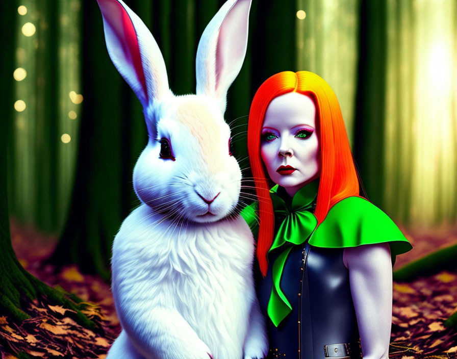Colorful Illustration: Woman with Orange Hair and Green Bow Tie with White Rabbit in Forest