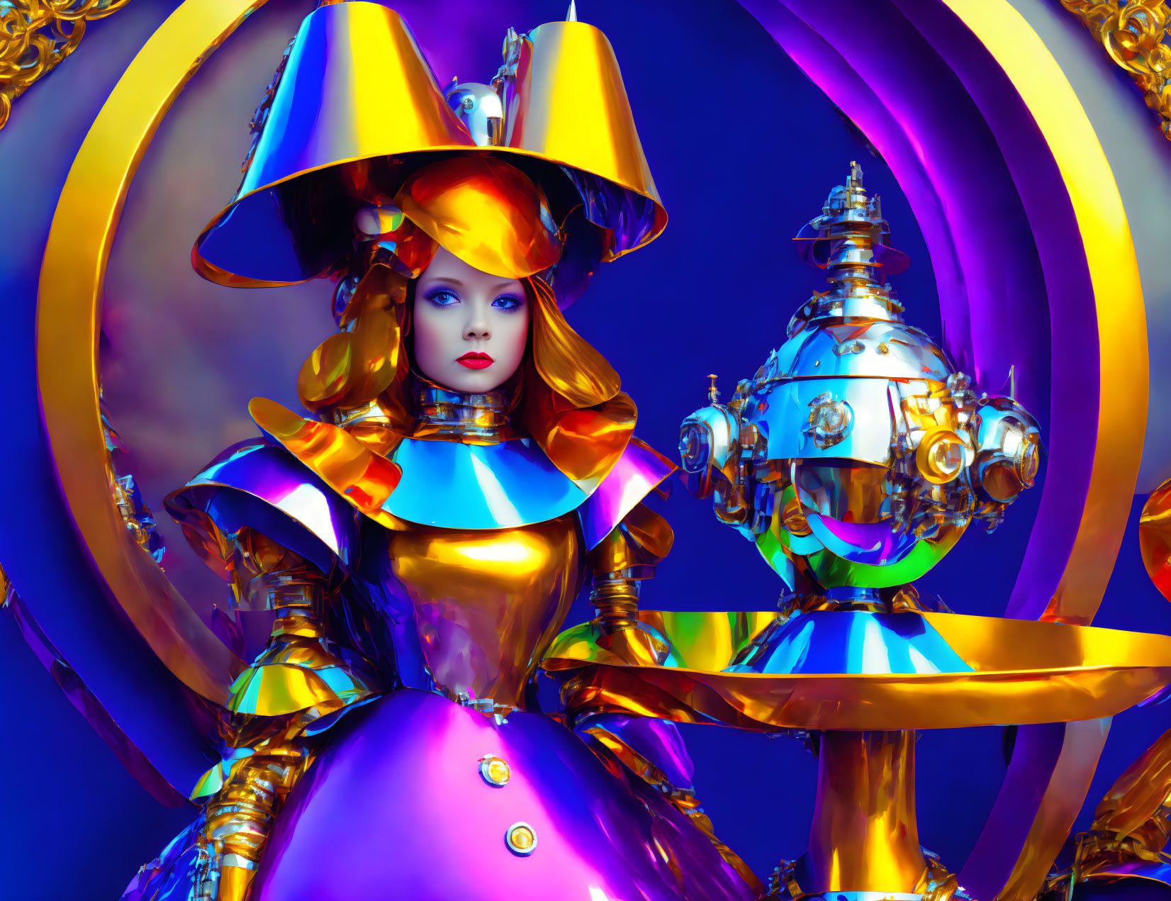 Colorful Futuristic Baroque-Inspired Armor Woman Artwork