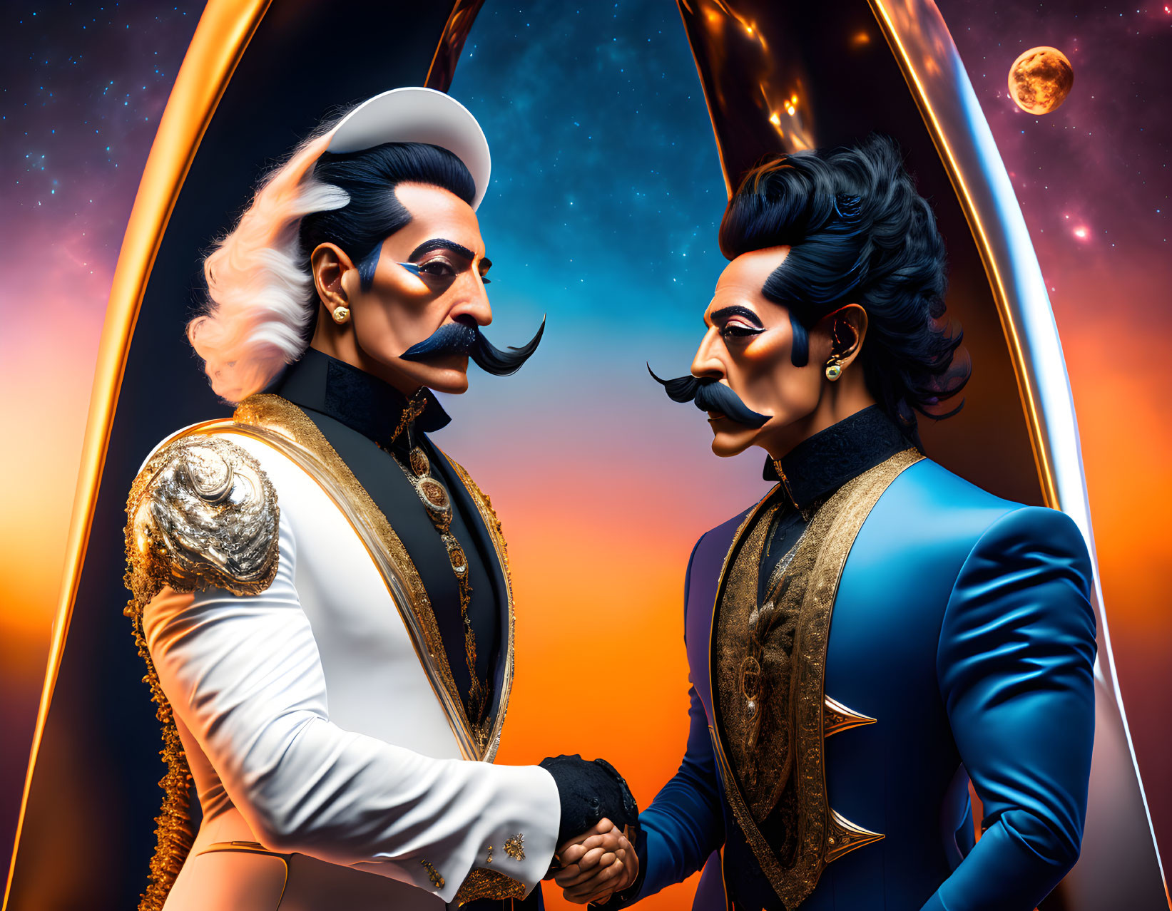 Stylized male figures with exaggerated mustaches in ornate military uniforms shaking hands against vibrant cosmic backdrop