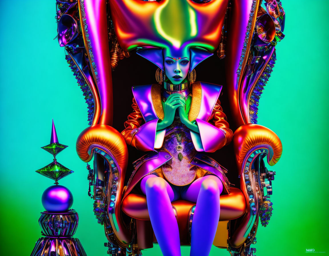 Colorful Digital Art: Stylized Female Figure on Ornate Chair