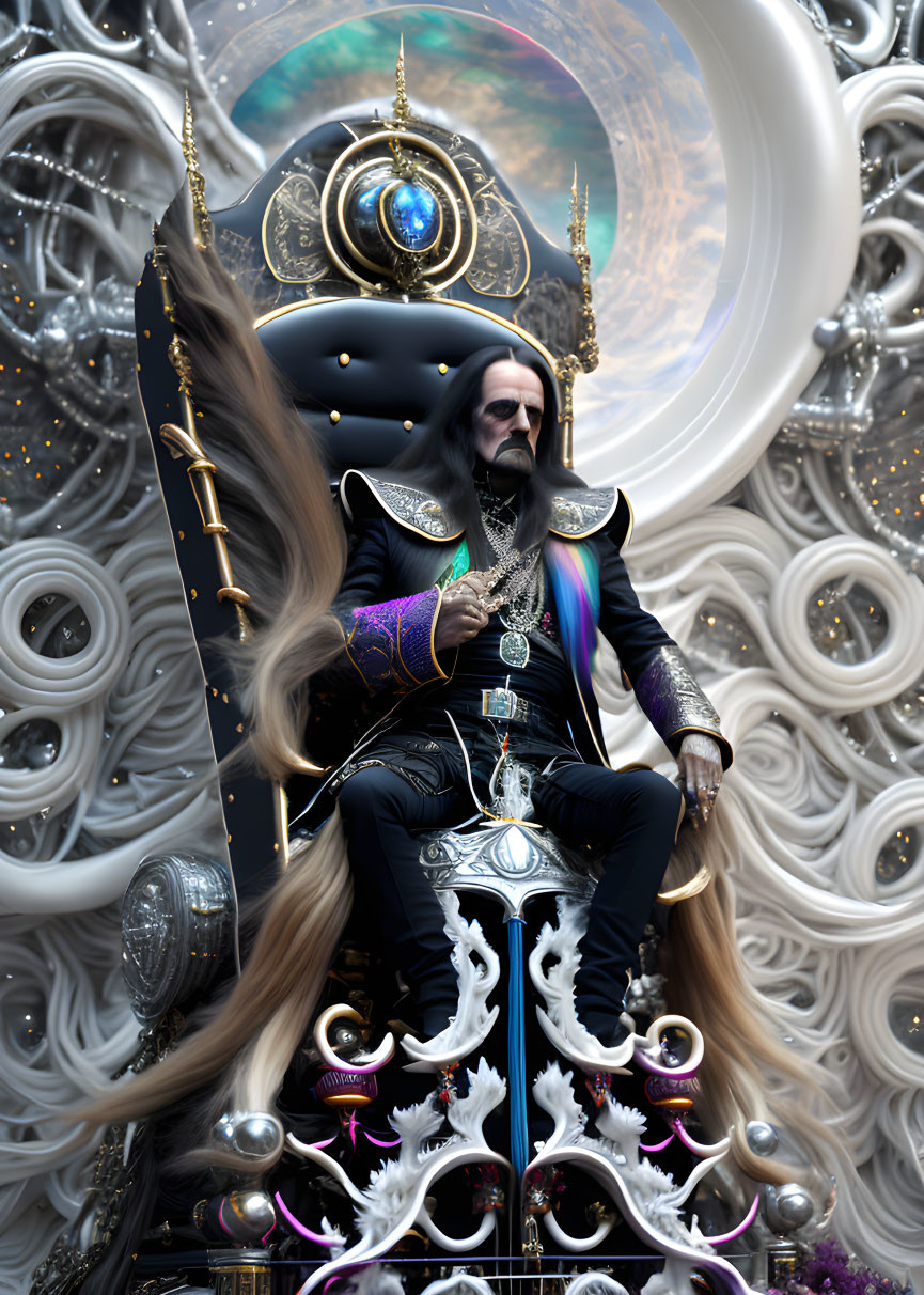 Long-haired figure on ornate throne with cosmic backdrop