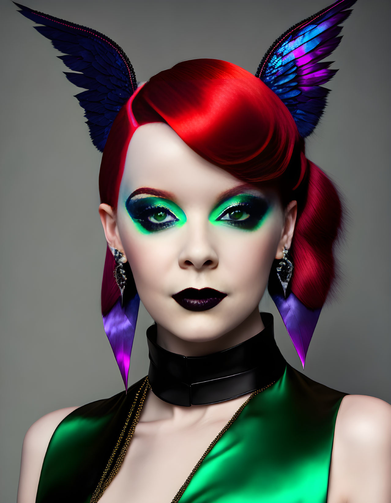 Vibrant red-haired woman with green eyeshadow and butterfly-winged ears on grey backdrop