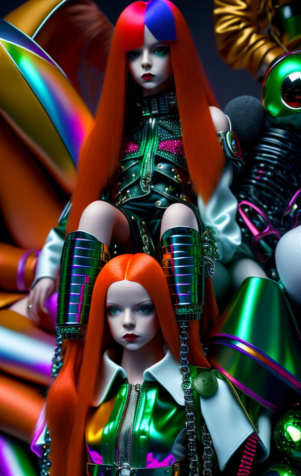 Stylized dolls with red hair in metallic outfits on colorful background