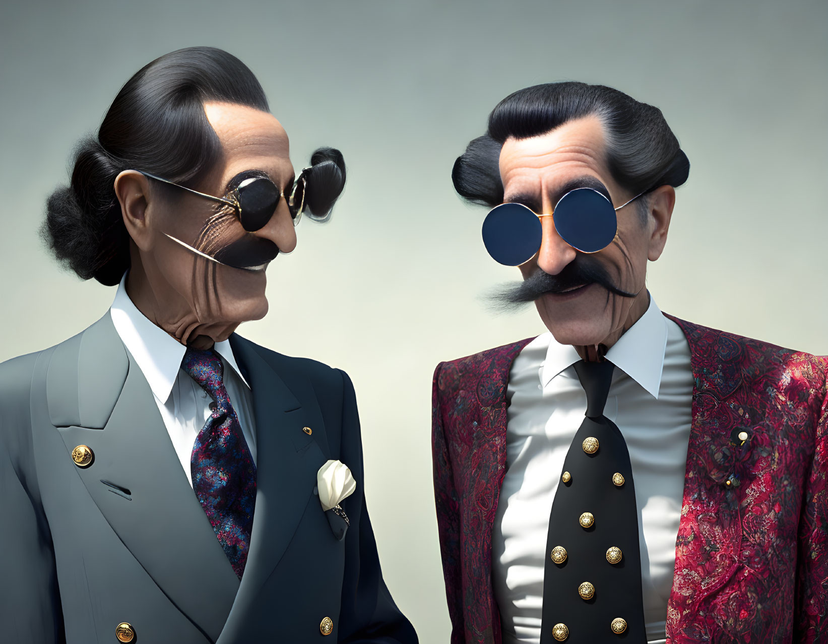 Exaggerated cartoonish gentlemen in stylish suits and sunglasses