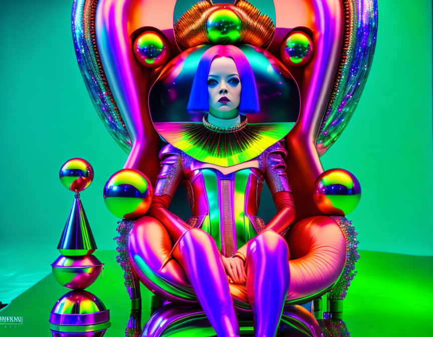 Blue-haired person with makeup on ornate chair in futuristic neon-lit space