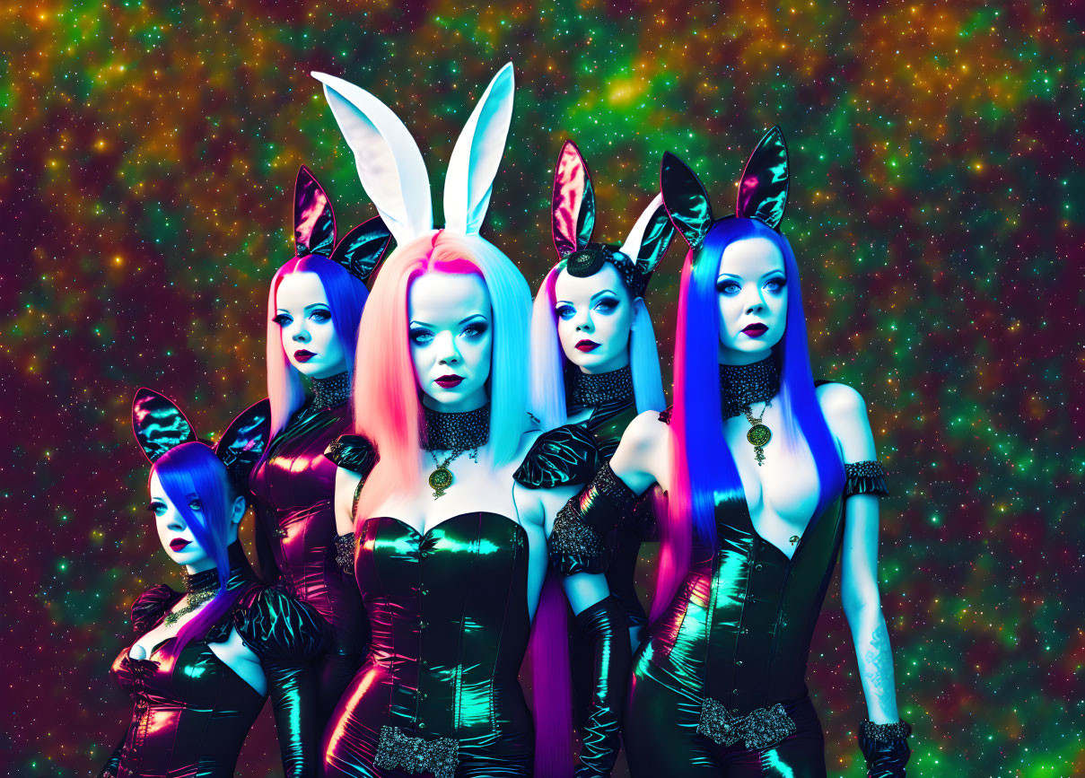 Five Women with Colorful Hair and Bunny Ears in Black Outfits on Galactic Background